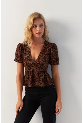 Kadın Taba V Yaka Desenli Bluz KAZ21