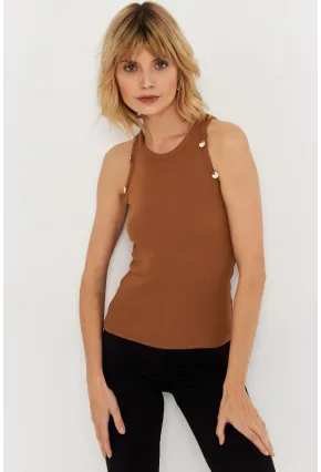 Kadın Tarçın Düğme Detaylı Kolsuz Kaşkorse Bluz TF55
