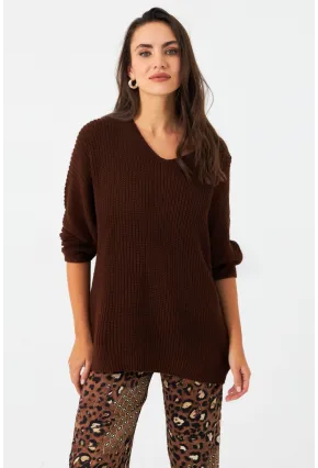 Kadın Tarçın V Yaka Salaş Triko Bluz SMT158