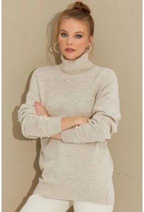 Kadın Taş Balıkçı Yaka İncili Triko Kazak MSS129