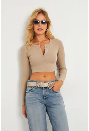 Kadın Taş Çıtçıtlı Crop Bluz CG379