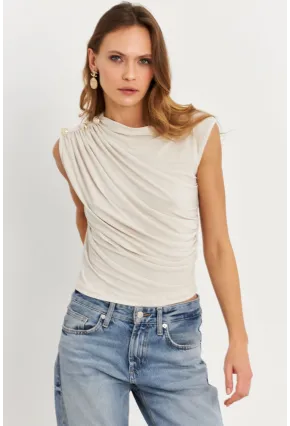 Kadın Taş Düğme Detaylı Büzgülü Bluz LPP1205-1