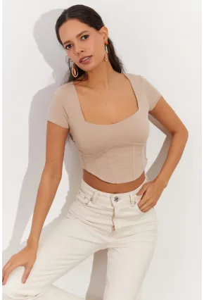 Kadın Taş Kare Yaka Crop Bluz RX420