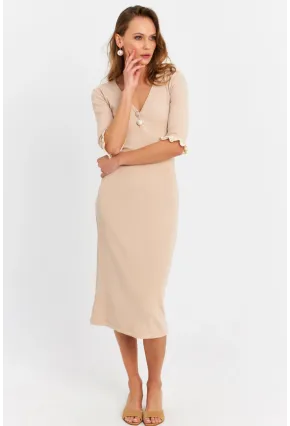 Kadın Taş Kolları Dantel Detaylı Kaşkorse Midi Elbise EY2955