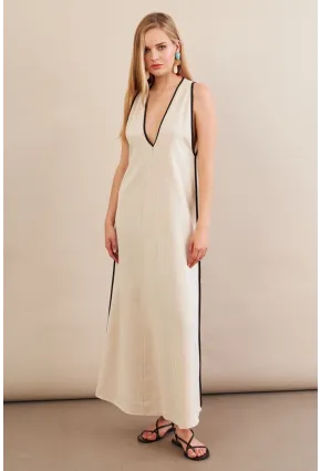 Kadın Taş Kontrast Çizgili Maxi Keten Elbise MSİ101