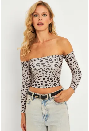 Kadın Taş Leopar Desenli Crop Bluz CG378