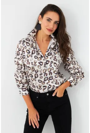 Kadın Taş Leopar Desenli Saten Gömlek SHR9