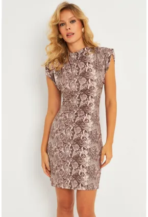 Kadın Taş Omuzları Vatkalı Yılan Desenli Mini Elbise GÇ183