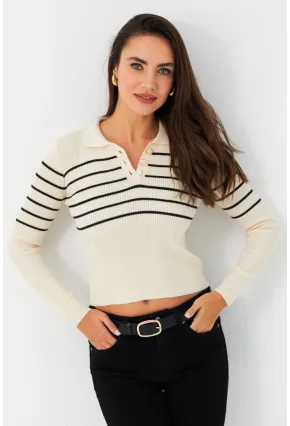 Kadın Taş Polo Yaka Çizgili Triko Bluz MK65
