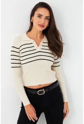 Kadın Taş Polo Yaka Çizgili Triko Bluz MK65