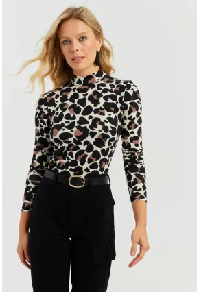 Kadın Taş-Siyah Leopar Desenli Bluz AYD267