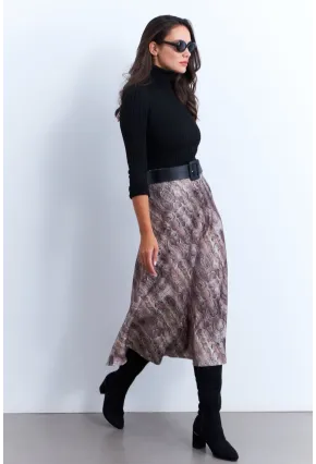 Kadın Taş-Siyah Yılan Desenli Saten Çan Etek ELT161