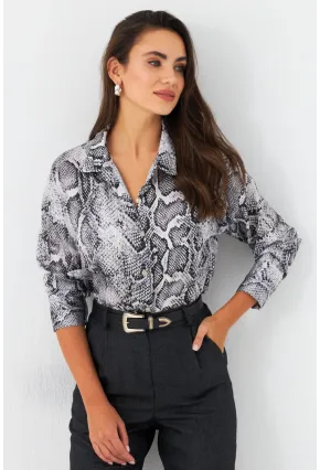 Kadın Taş-Siyah Yılan Desenli Saten Gömlek SHR9