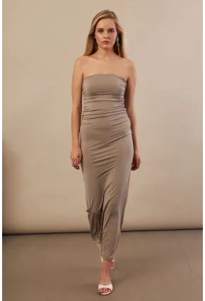 Kadın Taş Straplez Büzgülü Midi Elbise MX2005