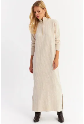 Kadın Taş Yakası Fermuarlı Triko Maxi Elbise MNUV10