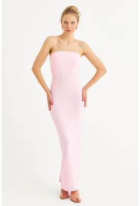 Kadın Toz Pembe Straplez Yırtmaçlı Midi Elbise XC005