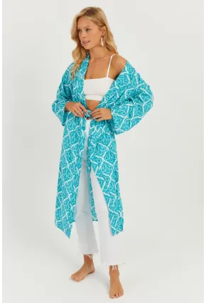 Kadın Turkuaz Desenli Kimono GÇ155