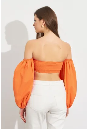 Kadın Turuncu Balon Kol Crop Bluz ROP111