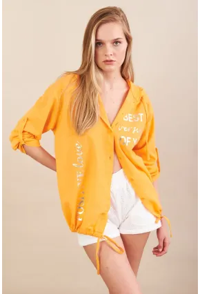 Kadın Turuncu Baskılı Kapüşonlu Gömlek MPC308