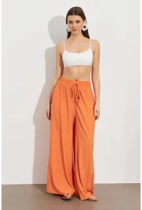 Kadın Turuncu Beli Lastikli Bürümcük Pantolon ROP105