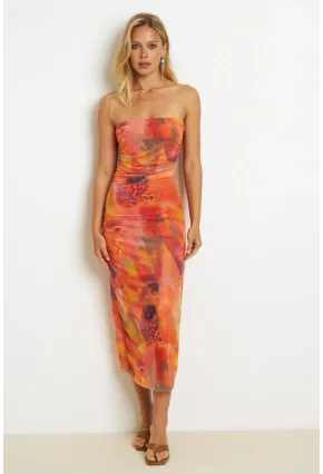 Kadın Turuncu Büzgülü Astarlı Tül Midi Elbise YEL89