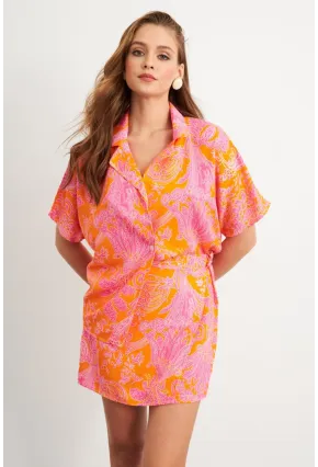 Kadın Turuncu Desenli Gömlek Şort Takım Q1007