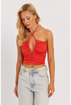 Kadın Turuncu Drapeli Crop Bluz KED154