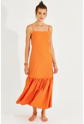 Kadın Turuncu Eteği Volanlı Askılı Midi Elbise MEN2001