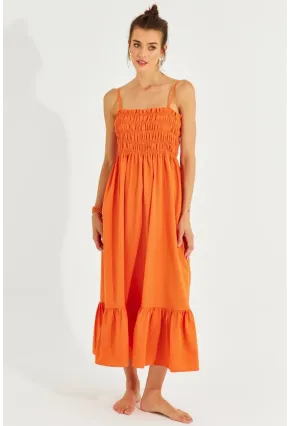 Kadın Turuncu Gipeli Askılı Midi Elbise MEN2000