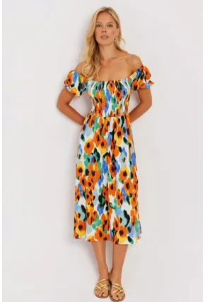 Kadın Turuncu Gipeli Desenli Midi Elbise MON126