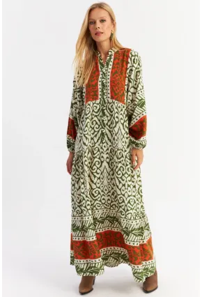 Kadın Turuncu-Haki Volanlı Maxi Elbise MALO11