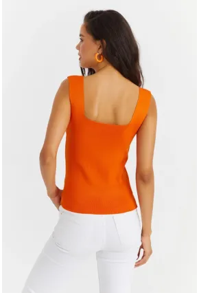 Kadın Turuncu Kare Yaka Triko Bluz YV87