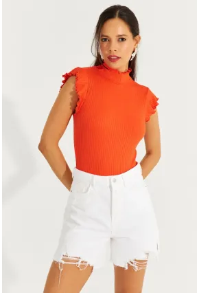 Kadın Turuncu Kolları Fırfırlı Fitilli Bluz TH1092