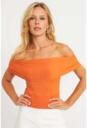 Kadın Turuncu Madonna Yaka Bluz CY340