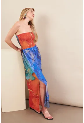 Kadın Turuncu-Mavi Straplez Pilise Uzun Elbise MSİ100