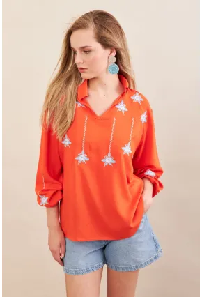 Kadın Turuncu Nakışlı Bluz MPC1345