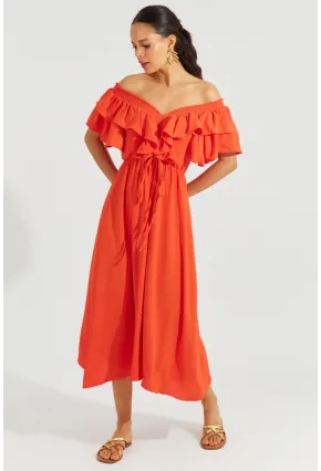 Kadın Turuncu Ön Arka V Volanlı Elbise KS113