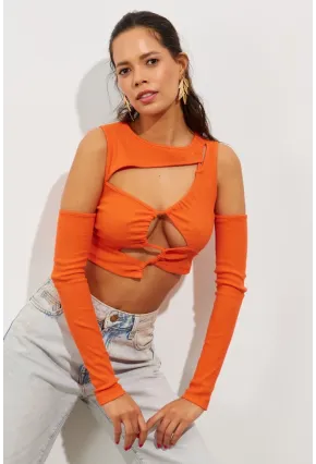Kadın Turuncu Pencereli Kaşkorse Crop Bluz B2403