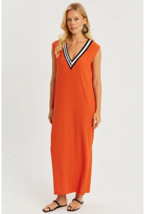 Kadın Turuncu V Yaka Bloklu Maxi Elbise EY2779