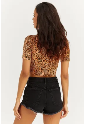 Kadın Turuncu Yarım Balıkçı Leopar Desen Bluz LPP1208