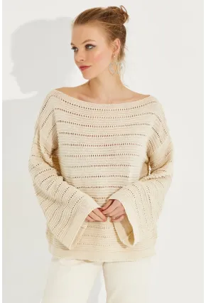 Kadın Vanilya Ajurlu Triko Bluz YV213