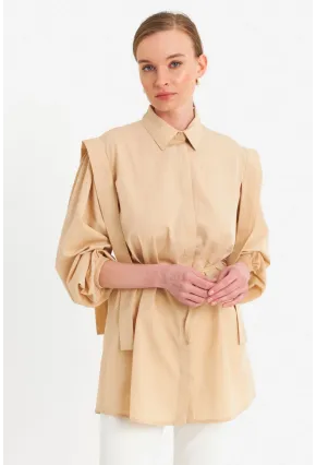 Kadın Vanilya Bağlama Detaylı Basic Gömlek MASF185