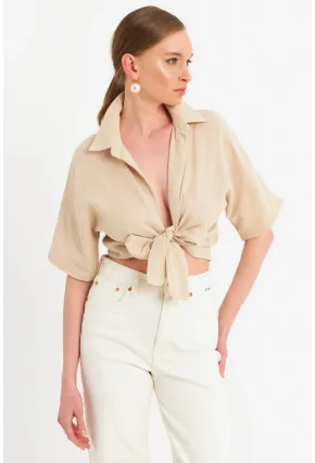 Kadın Vanilya Bağlamalı Keten Bluz BTH16