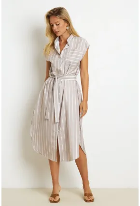 Kadın Vanilya Çizgili Midi Gömlek Elbise SF1000
