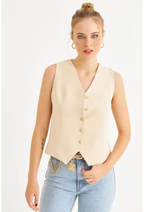 Kadın Vanilya Düğme Detaylı Astarlı Yelek SGT410