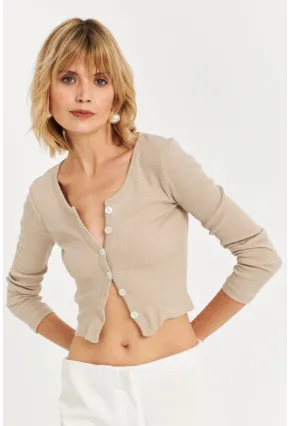 Kadın Vanilya Düğme Detaylı Basic Bluz ALB3814
