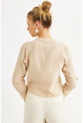 Kadın Vanilya Düğmeli Keten Gömlek Bluz BTH17