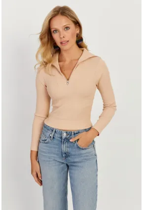 Kadın Vanilya Fermuarlı Kısa Bluz CY336