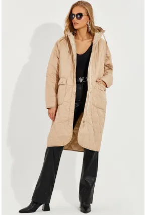 Kadın Vanilya Kapitone Fermuarlı Kapüşonlu Mont QRS8245