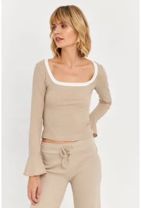 Kadın Vanilya Kontrast Yaka İspanyol Kol Bluz ALB3105